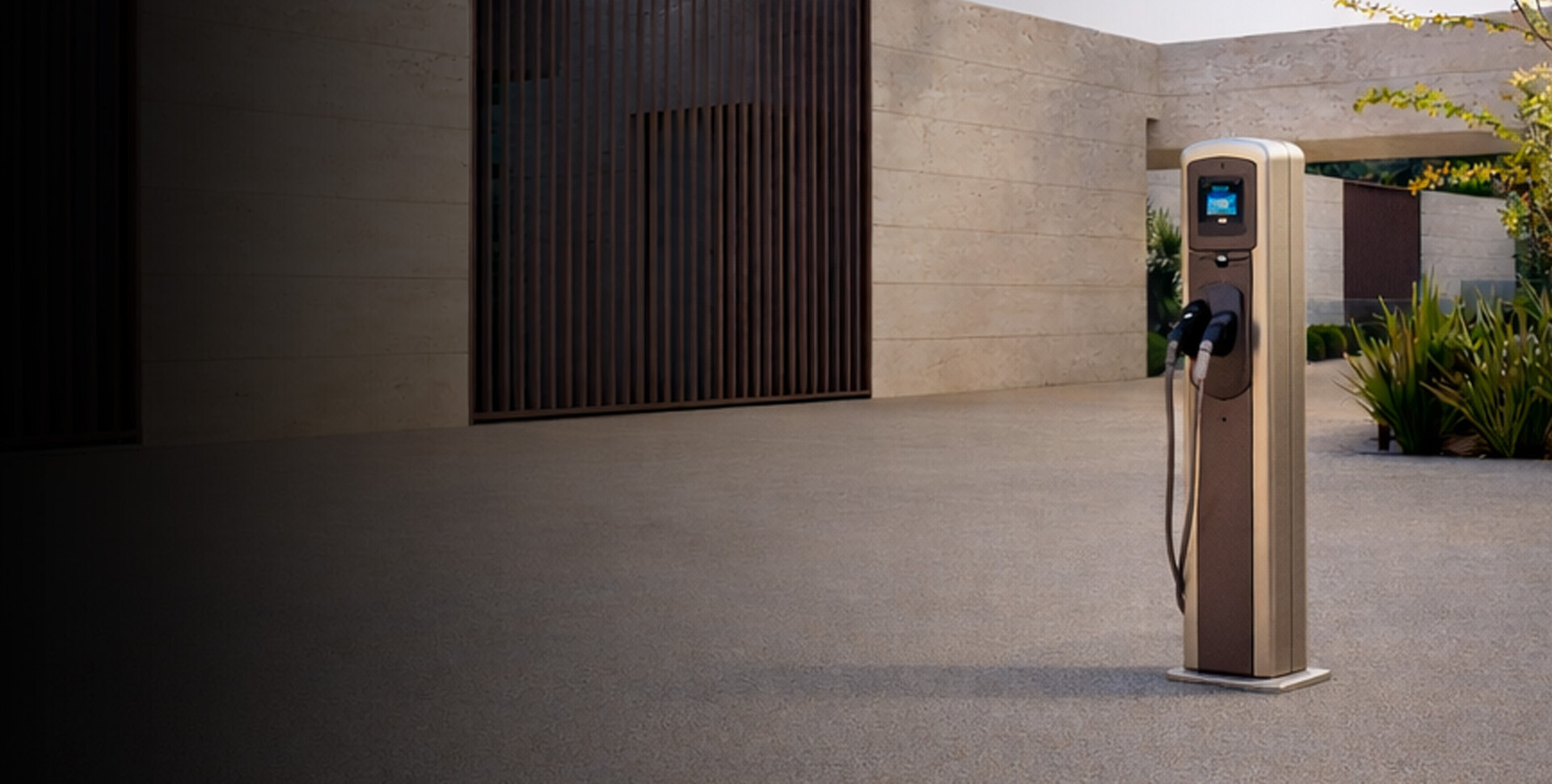 Ein futuristischer Hintergrund mit einer Lades&auml;ule im Vordergrund