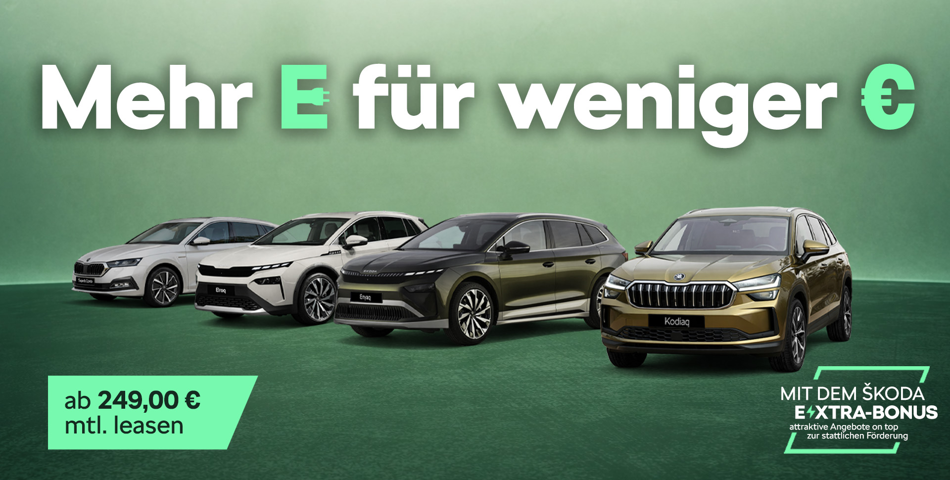 Mehrere Skoda e-Fahrzeuge auf gr&uuml;nem Grund